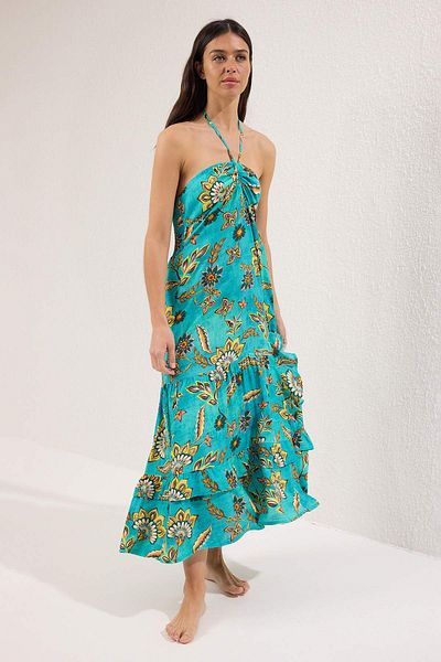 Trendyol Collection Floral Pattern Woven Halter Neck Ruffle Detail Beach Dress Tbess25El00119