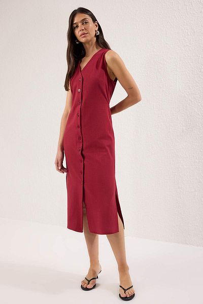 Trendyol Collection Wine Color Belted Linen Blend Midi Woven Shirt Dress Twoss25El00651