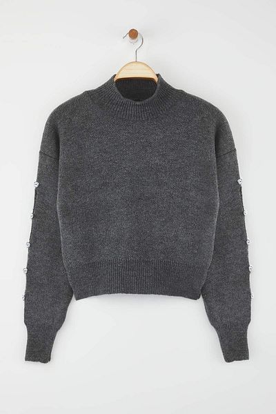 Trendyol Collection Anthracite Soft Textured Button Detailed Knitwear Sweater Twoaw24Kz00384