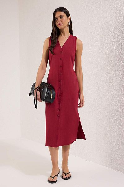 Trendyol Collection Wine Color Belted Linen Blend Midi Woven Shirt Dress Twoss25El00651