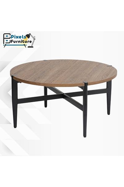 PixelsFurniture Pixel Furniture Round Coffee Table with Wood Top and Metal Ends