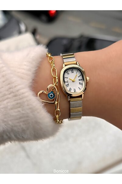 Bonicce Women Wrist Watch Bracelet with Gold Color Vintage Metal Band - Minimal Case (20 mm)