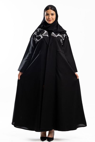 Hasnaa Abaya Black abaya with white embroidery inserts on the chest
