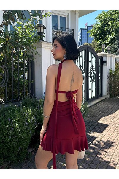 Butik Fırfır detaylı boyundan bağlamalı elbise