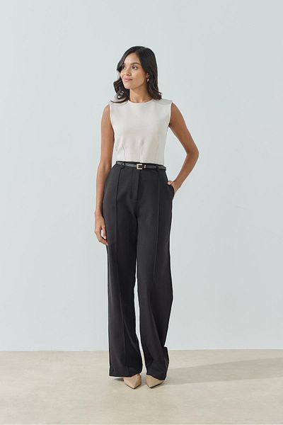 Merve Gültekin Belted Ribbed Palazzo Trousers Black