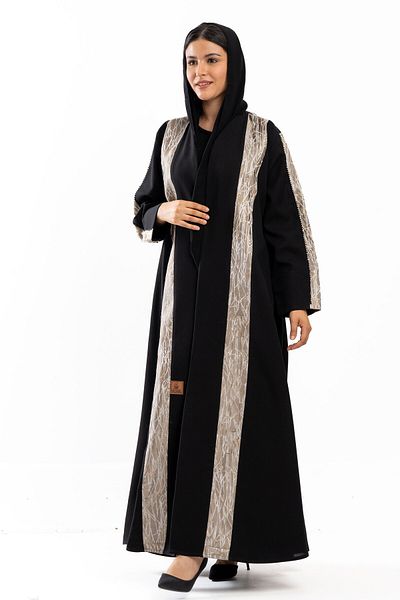 Hasnaa Abaya Black abaya with beige jacquard inserts