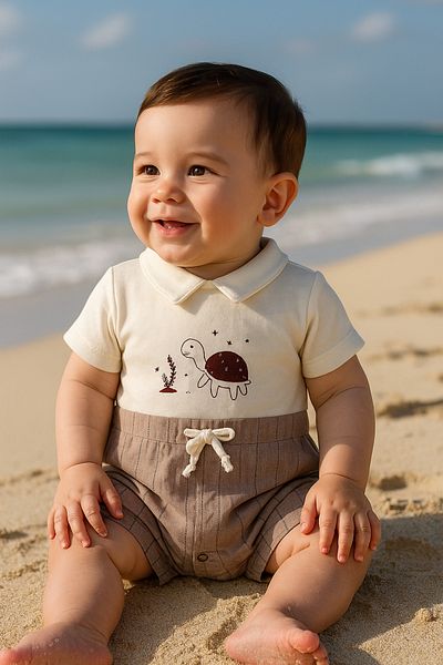 Cherub Baby Turtle Printed Linen Textured Cotton Baby Summer Jumpsuit