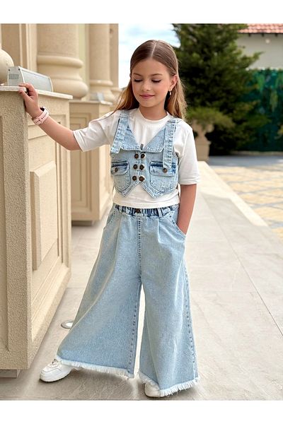 Ribbon kids Girl's 3-Piece Gray Denim Suit – T-Shirt, Vest and Palazzo Pants