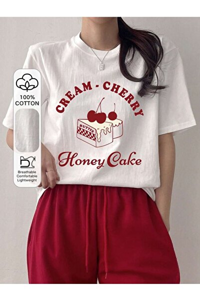 PALPİTO تي شيرت نسائي كبير الحجم مطبوع عليه كريمة بيضاء من شيري