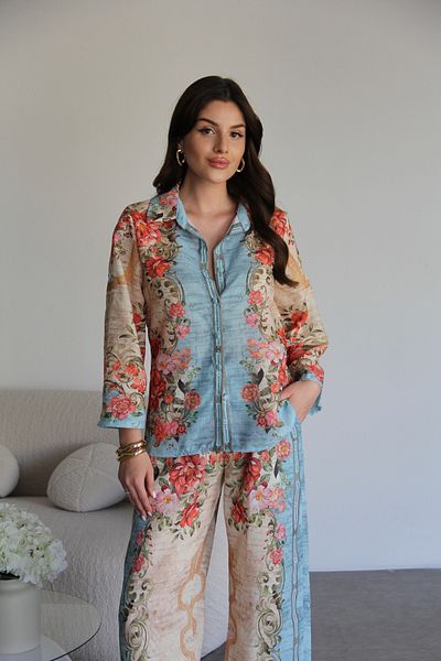 Julidress قميص منقوش متعدد الألوان، بنطلون سفلي، طقم من الكتان الفاخر