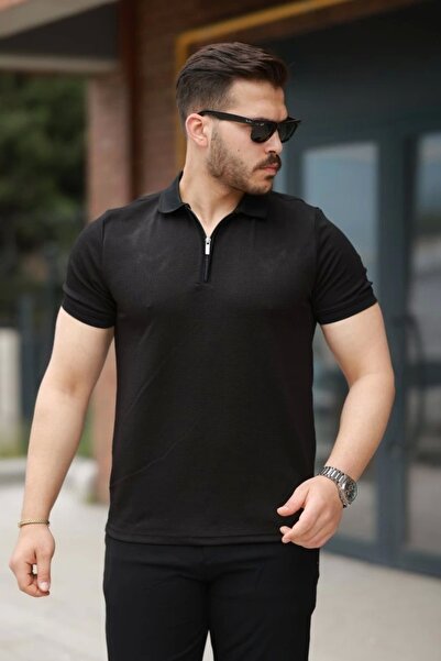 GE TİCARET تي شيرت رجالي بأكمام قصيرة وياقة بسحاب
