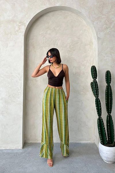 bacc Green Patterned Summer Viscose Trousers Bchn-2525674