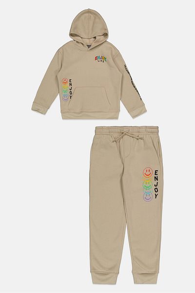 Brooklyn Toddlers Boy 2piece Hooded Printed Long Sleeves Sweatshirt And Pant, Beige