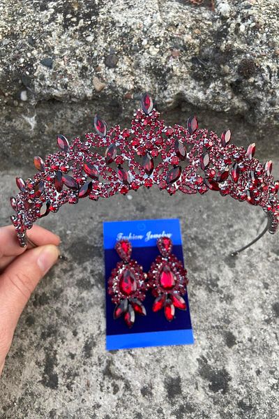 Hobigram Clara Burgundy Bridal Henna Crown Special Occasion Accessory Women's Crown and Three Shuttle Earrings Set