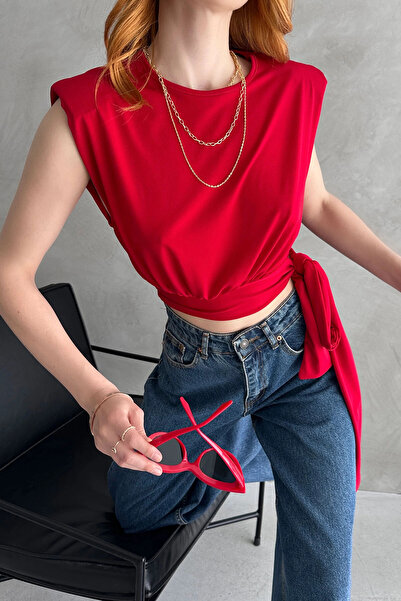 bacc Woman's red shoulder padded waist belted blouse bcdf-252160