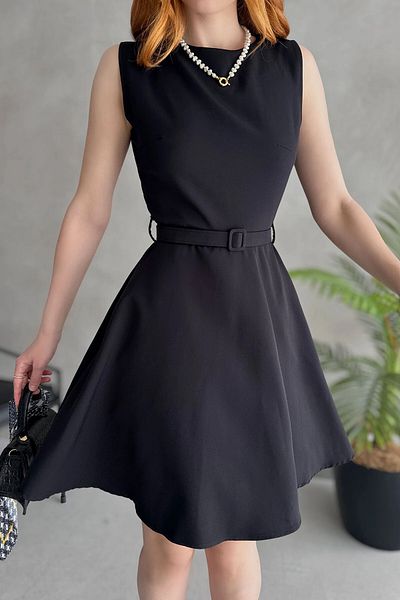 bacc Black Sleeveless Waist Belt Detail Dress Bcdf-252202
