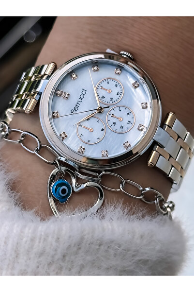 Ferrucci Silver Colored Steel Cord Evil Eye Beaded Women's Wristwatch and Bra...