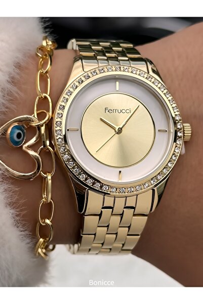 Ferrucci Marka Sarı Renk,çelik Kordon Kadın Kol Saati Incili Bileklik