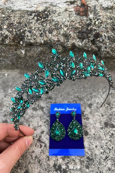 Hobigram Clara Green Bridal Henna Crown Special Occasion Accessory Women's Crown and Drop Shuttle Earrings Set