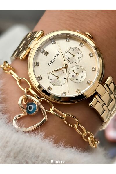 Ferrucci Yellow Steel Cord Simple Model Women's Wristwatch and Bracelet Gift