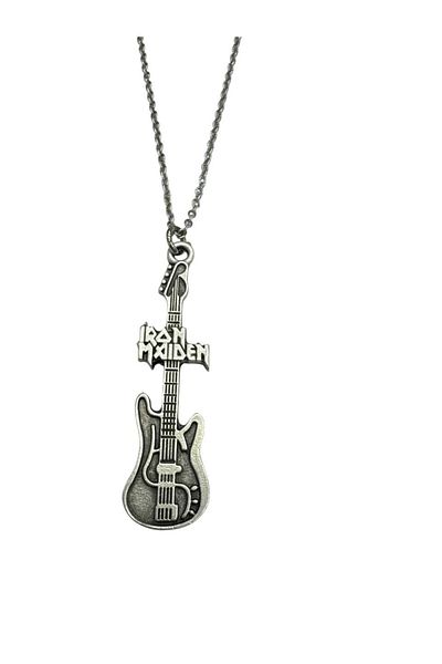 Herşey Nota Iron Maiden Themed Electric Guitar Necklace – 60 cm Metal Heavy Metal Rock Accessory