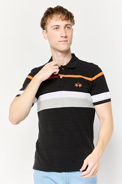 La Martina قميص بولو رجالي مخطط بأكمام قصيرة، متعدد الألوان