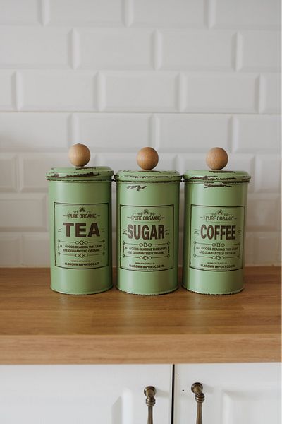 Dekorzdükkan Set of 3 Galvanized Green-Brown Vintage Tea-Coffee-Sugar Jars (Tea-Sugar-Coffee)