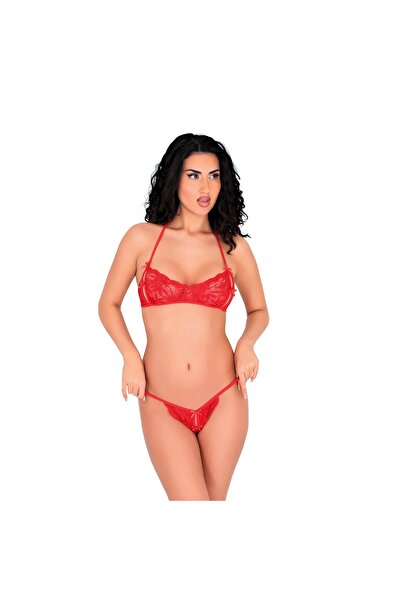 Narnuga مجموعة حمالة صدر من الدانتيل الأحمر من MİRAXX مكونة من قطعتين - 6526