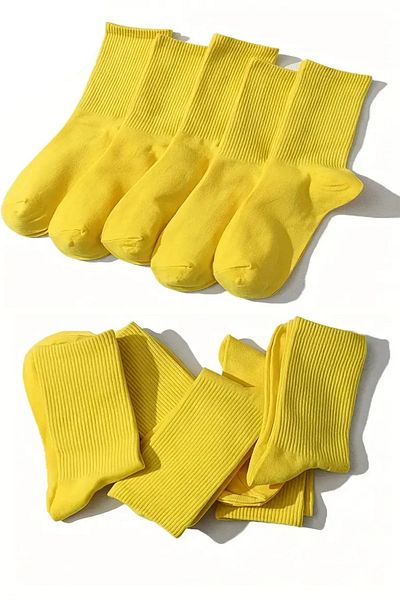 Esinti 5 Pairs Men's Women's Socks Plain Yellow Socket Socks Unisex Tennis Sports Socks