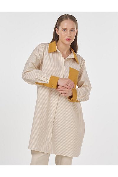 Kayra Stripe Pattern Garnished Tunic Saffron