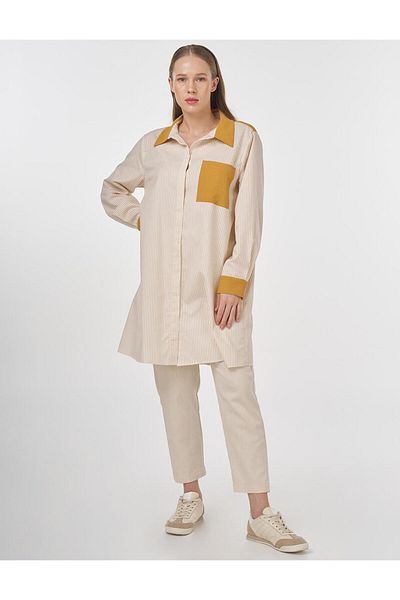Kayra Stripe Pattern Garnished Tunic Saffron