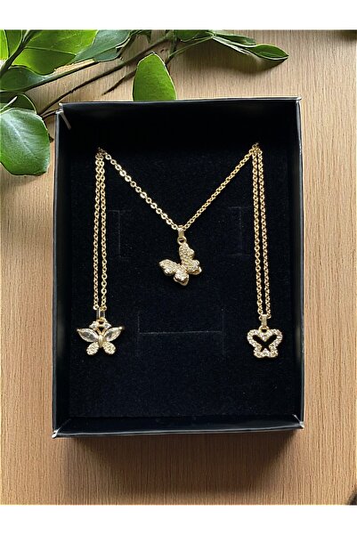 Tixy Pixy 3'lü Altın Kaplama Kelebekli Kadın Kolye Seti, Kelebek Kolye, Hediy...
