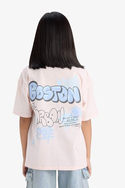 DeFacto Girl's Oversize Wide Fit Crew Neck Back Printed Short Sleeve T-Shirt E0357A825Sm