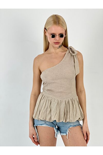 Miss Poem Women's Shoulder Tie Striped Beige T-Shirt