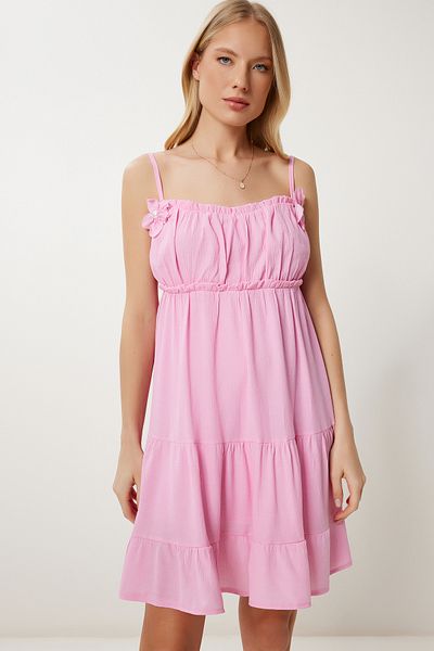 Lovelyİstanbul Pearl Flower Detailed Mini Viscose Dress Candy Pink Llc0002