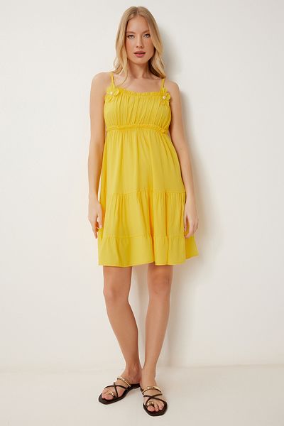 Lovelyİstanbul Pearl Flower Detail Mini Viscose Dress Yellow Llc0002