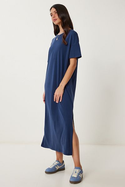 Lovelyİstanbul Oversize Basic Summer Knitted Dress Dark Blue Lub0082