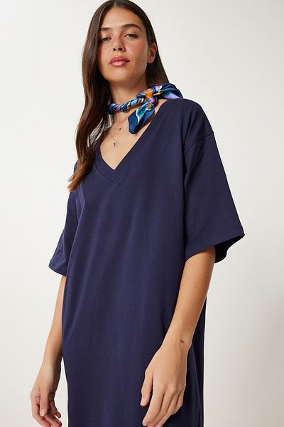 Lovelyİstanbul Oversize Basic Summer Stretchy Knitted Dress Dark Blue Lub0113