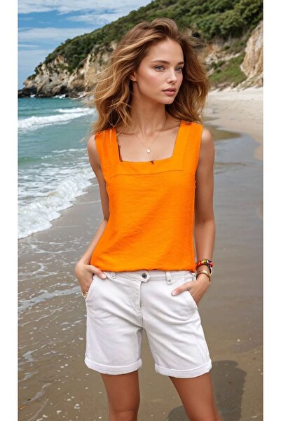 Pasaklı Giyim Γυναικείο πορτοκαλί τετράγωνο γιακά με χοντρό λουράκι Αμάνικο λ...