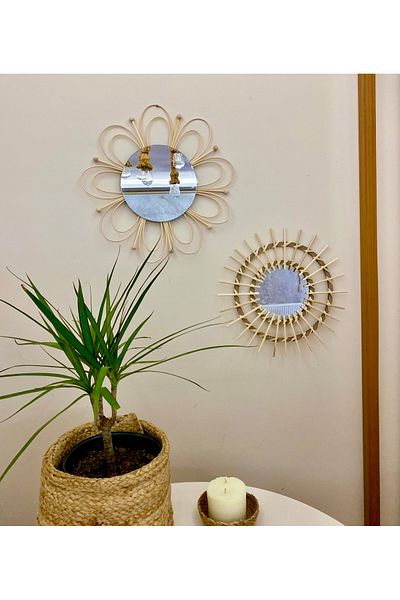 kattuna Natural Rattan Bamboo Flower Detailed Mirror Set of 2