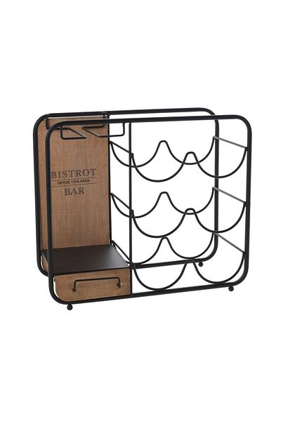 Excellent Houseware Suport pentru 6 sticle de vin și pahare Fortuna, oțel, lemn, 35x15x31 cm
