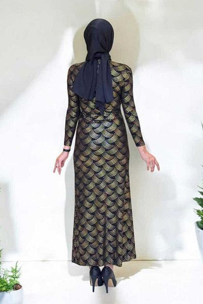 Bym Fashion Patterned Gather Detailed Dress 3956 Black