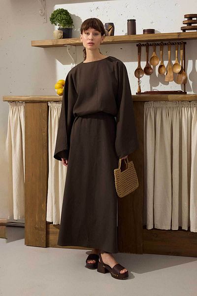 Hooopstore Lyocell Linen Draped Ash Brown Tunic Dress