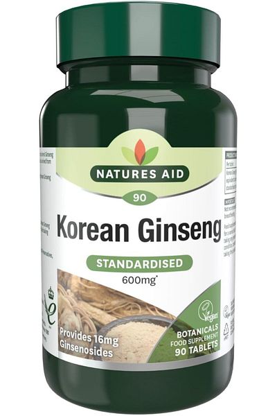 Natures Aid الجينسنغ الكوري ٦٠٠ ملغ | مُوَحَّد لتوفير ١٦ ملغ من الجينسنوسيدات | لصحة الدماغ |