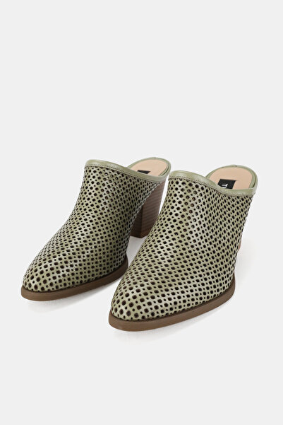 TUNAELLİ Women's Green Patent Leather Genuine Leather Heel Closed Front Sabo Slippers