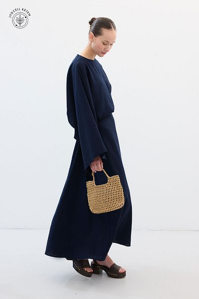 Hooopstore Lyocell Linen Draped Navy Blue Tunic Dress