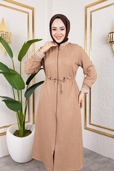 HARMAN BUTİK Women's Ribbed Zippered Beige Linen Double Suit