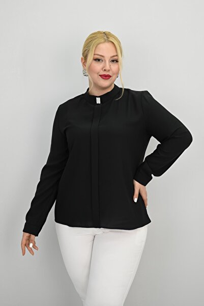 Koza Butik Γυναικεία μπλούζα μεγάλου μεγέθους με πέτρινη καρφίτσα με λεπτομέρεια 0034-25