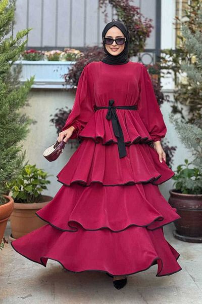 Bym Fashion Waist Belted Floor Detail Dress 6029 Burgundy