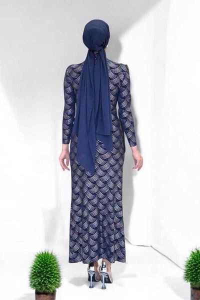 Bym Fashion Patterned Gather Detailed Dress 3956 Navy Blue